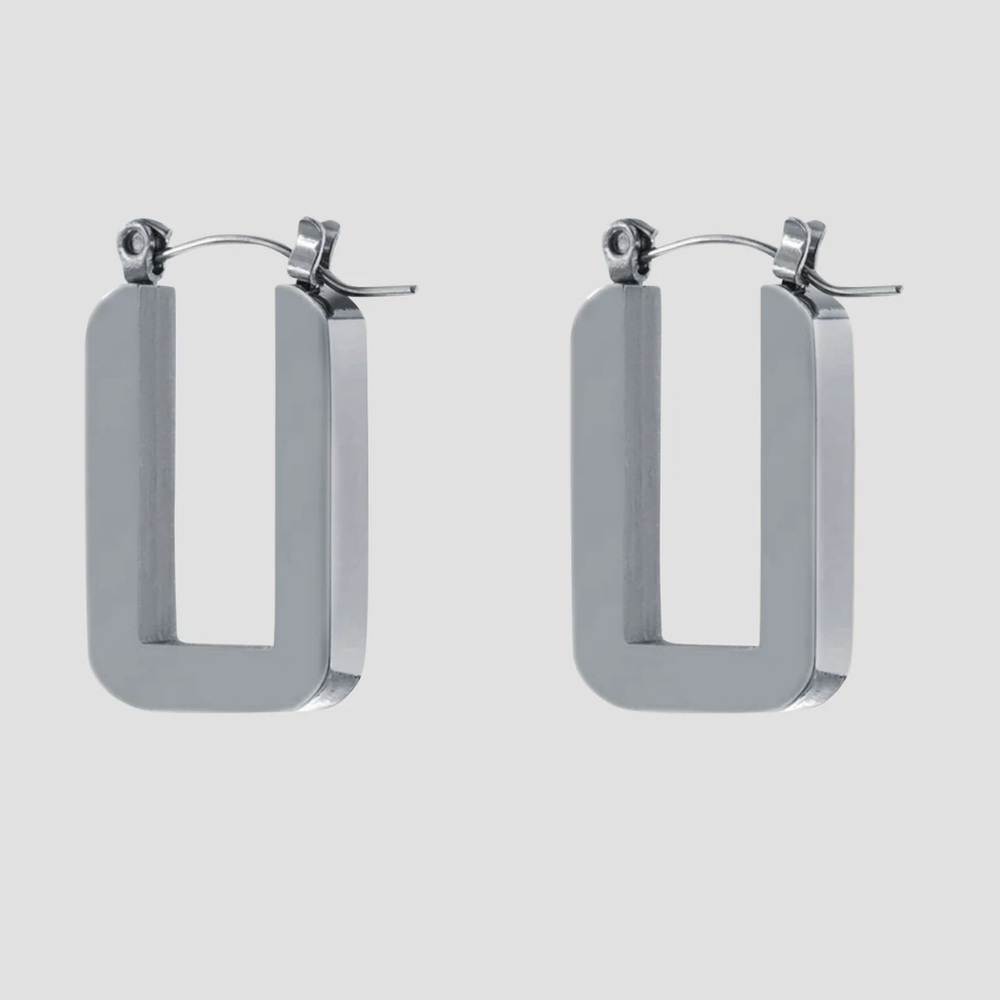 Silver Rectangle Huggie Earrings Stainless Steel